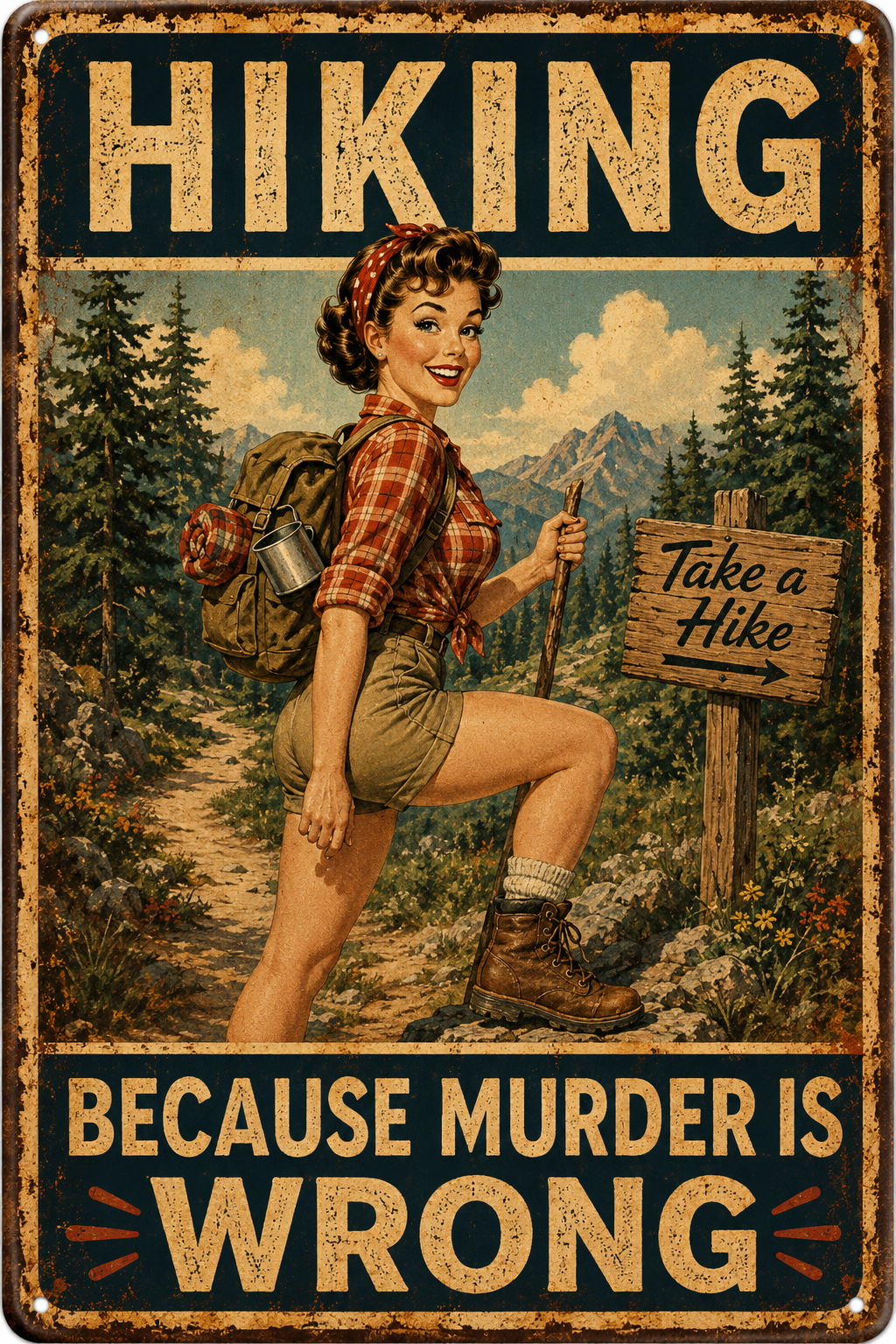 Hiking Because Murder Is Wrong — Funny Vintage Outdoor Adventure Poster