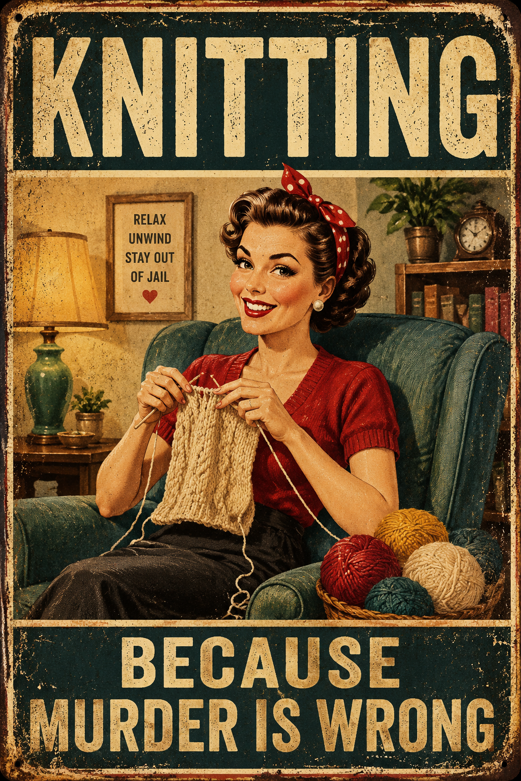 Knitting Because Murder Is Wrong — Funny Retro Knitting Poster