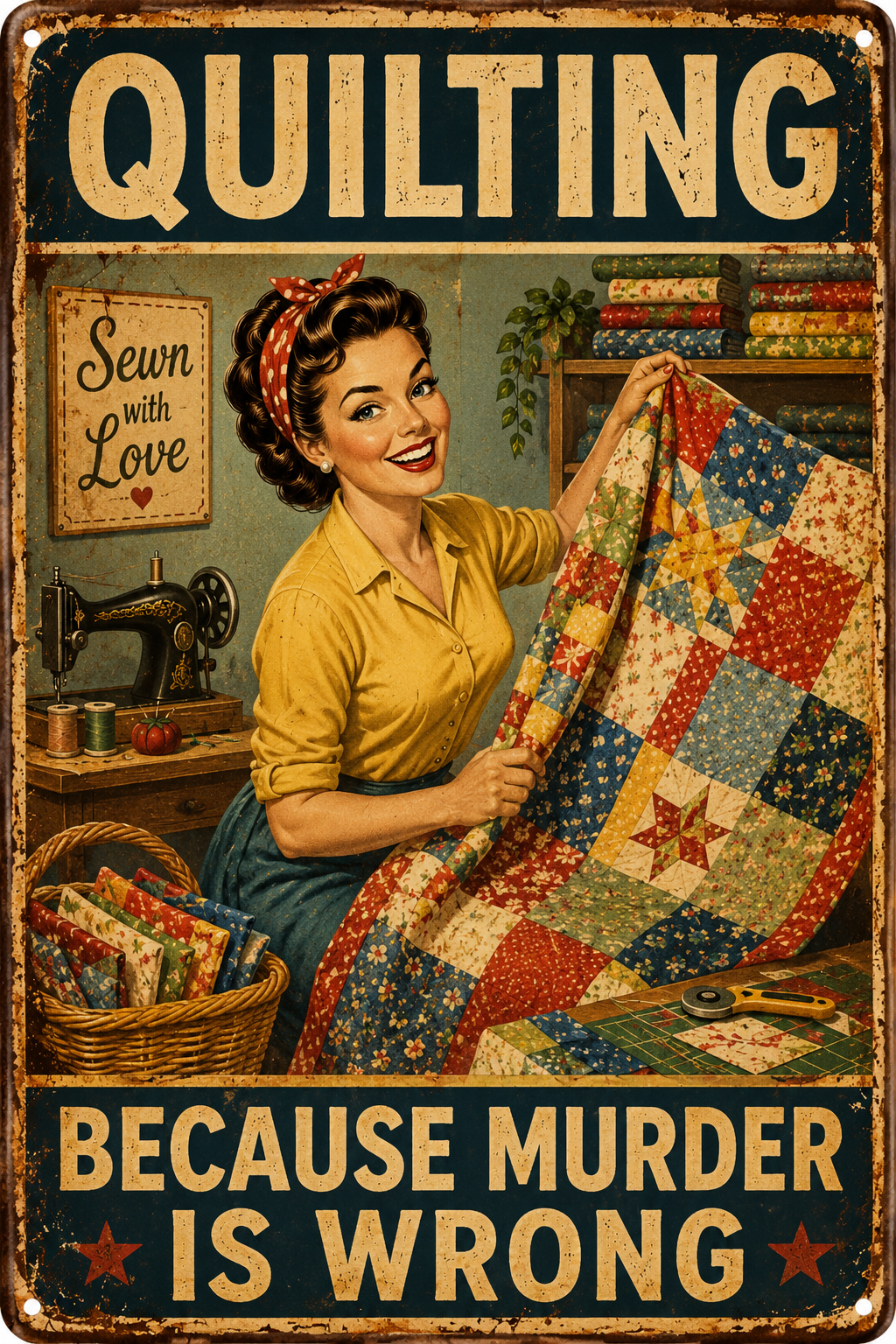 Quilting Because Murder Is Wrong — Funny Vintage Quilt Room Poster