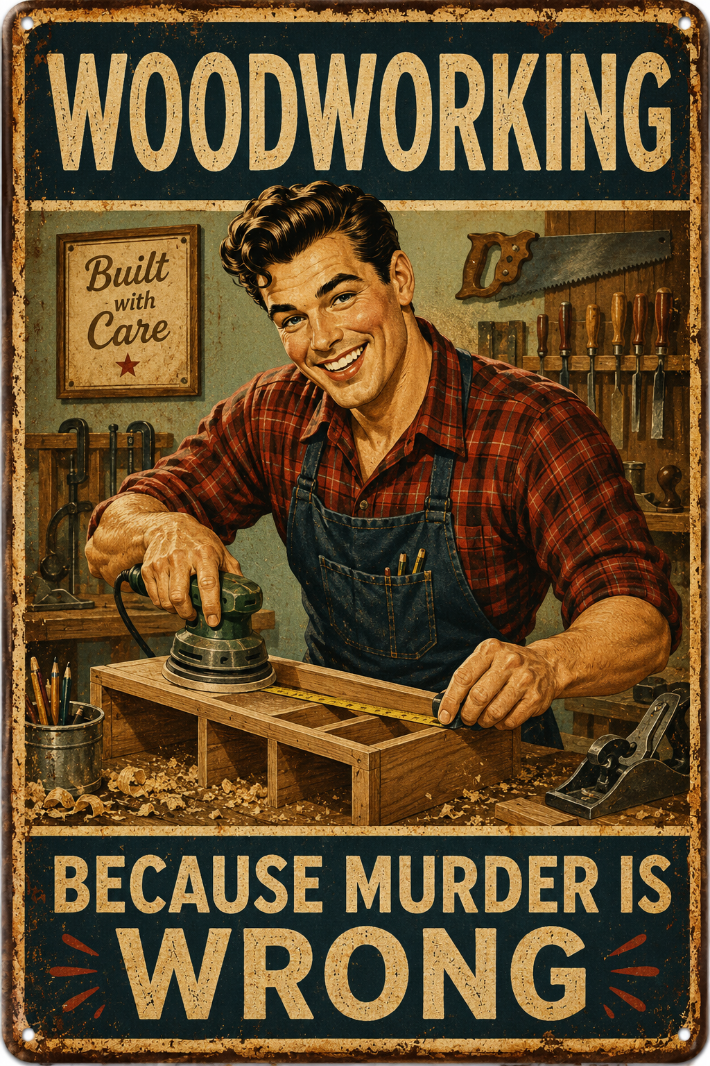Woodworking Because Murder Is Wrong — Funny Retro Workshop Poster
