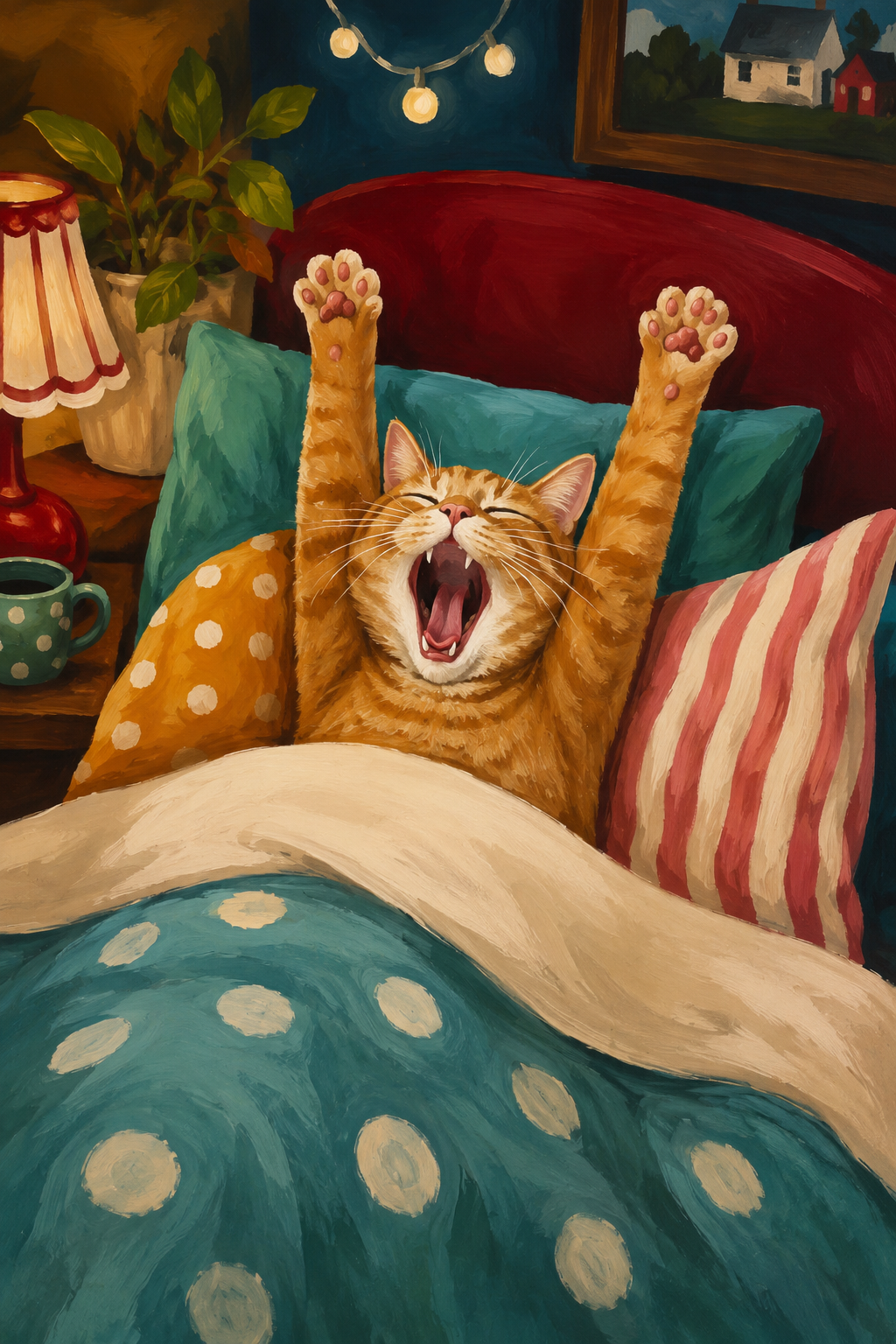 Funny orange cat stretching in cozy bed poster