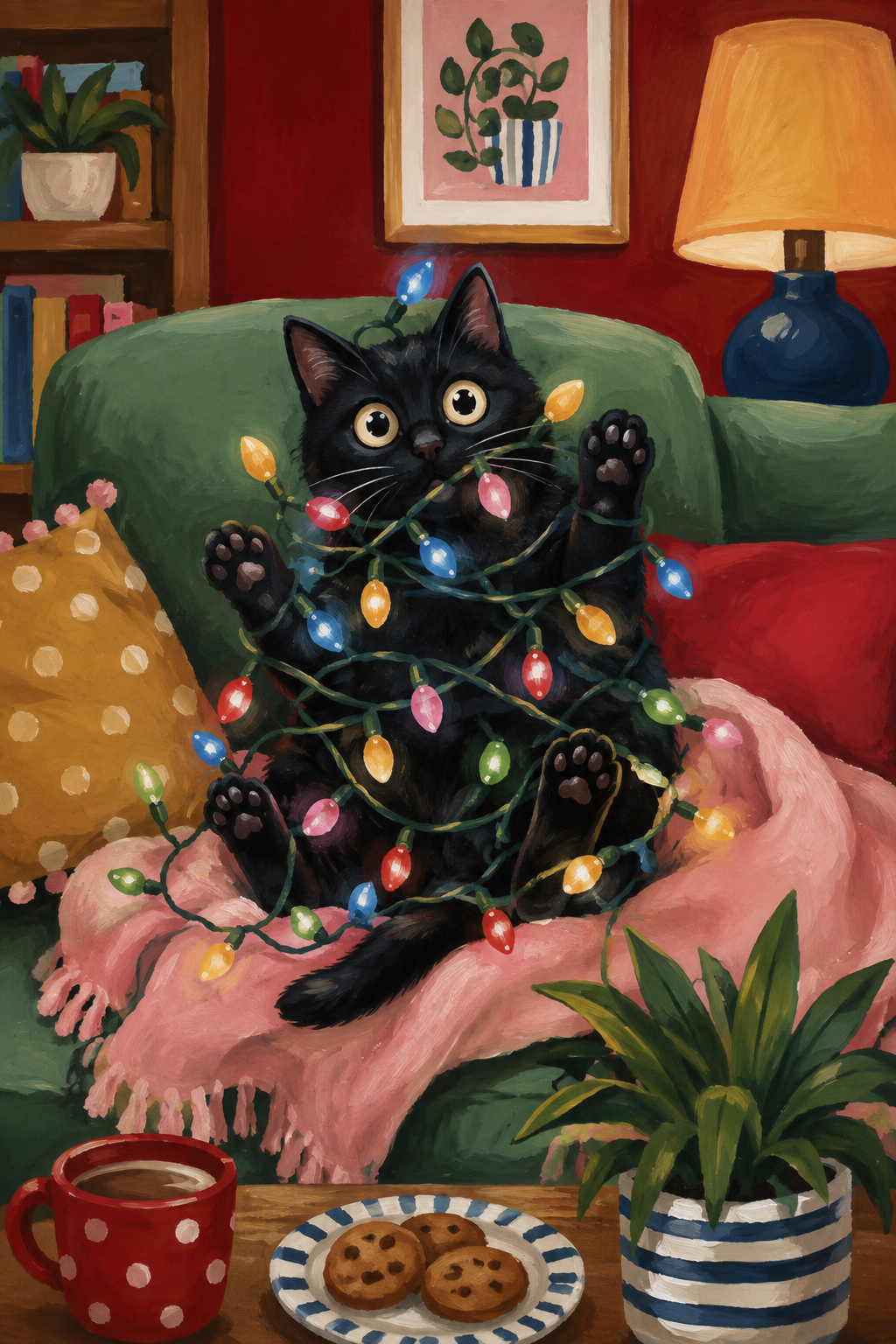 Black cat tangled in Christmas lights poster