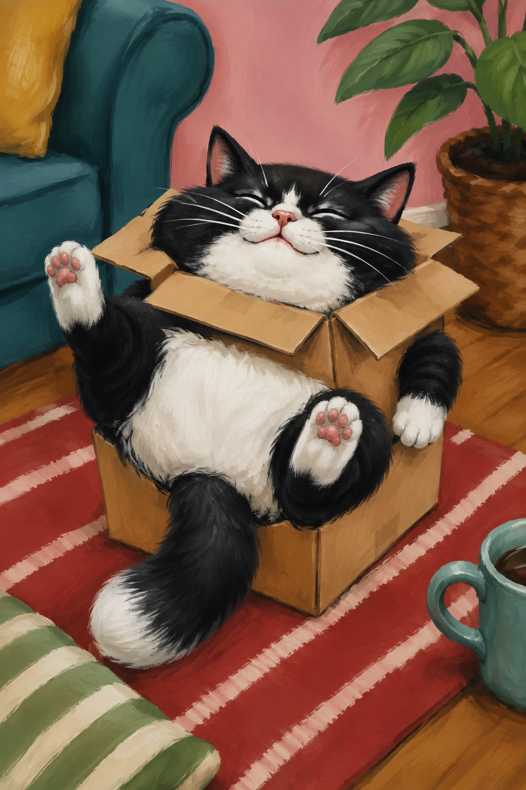 Tuxedo cat sitting in cardboard box poster