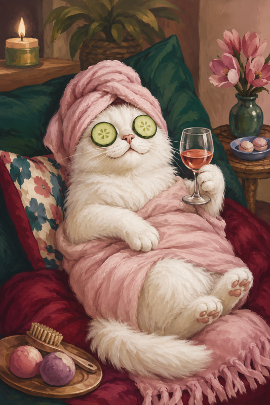 Fluffy cat spa day robe and cucumber poster
