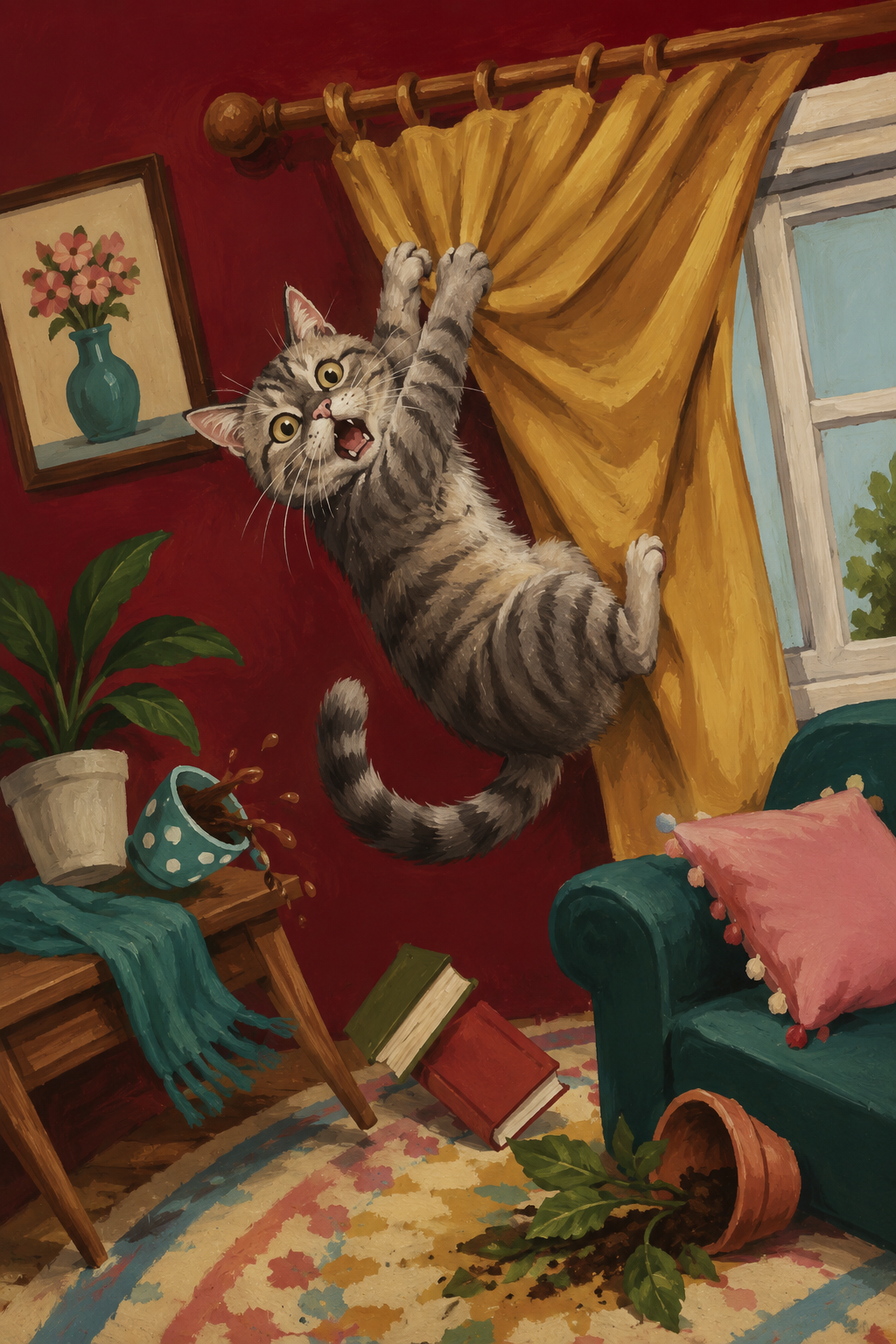 Tabby cat climbing curtains funny poster