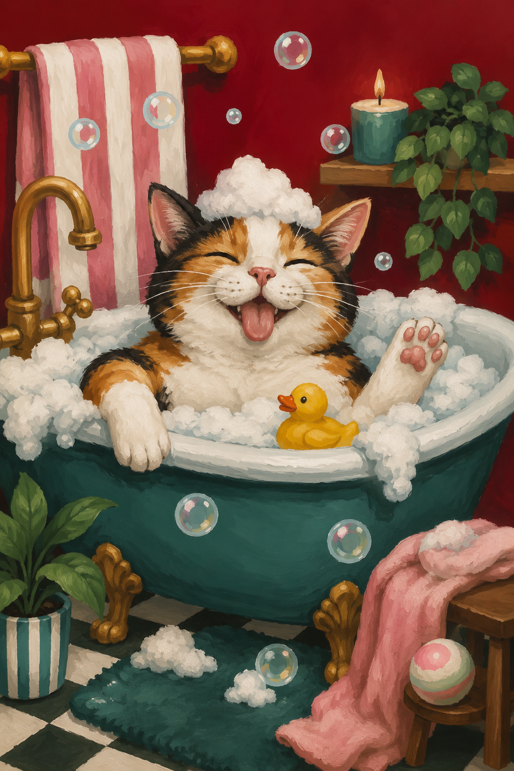 Calico cat bubble bath bathroom poster