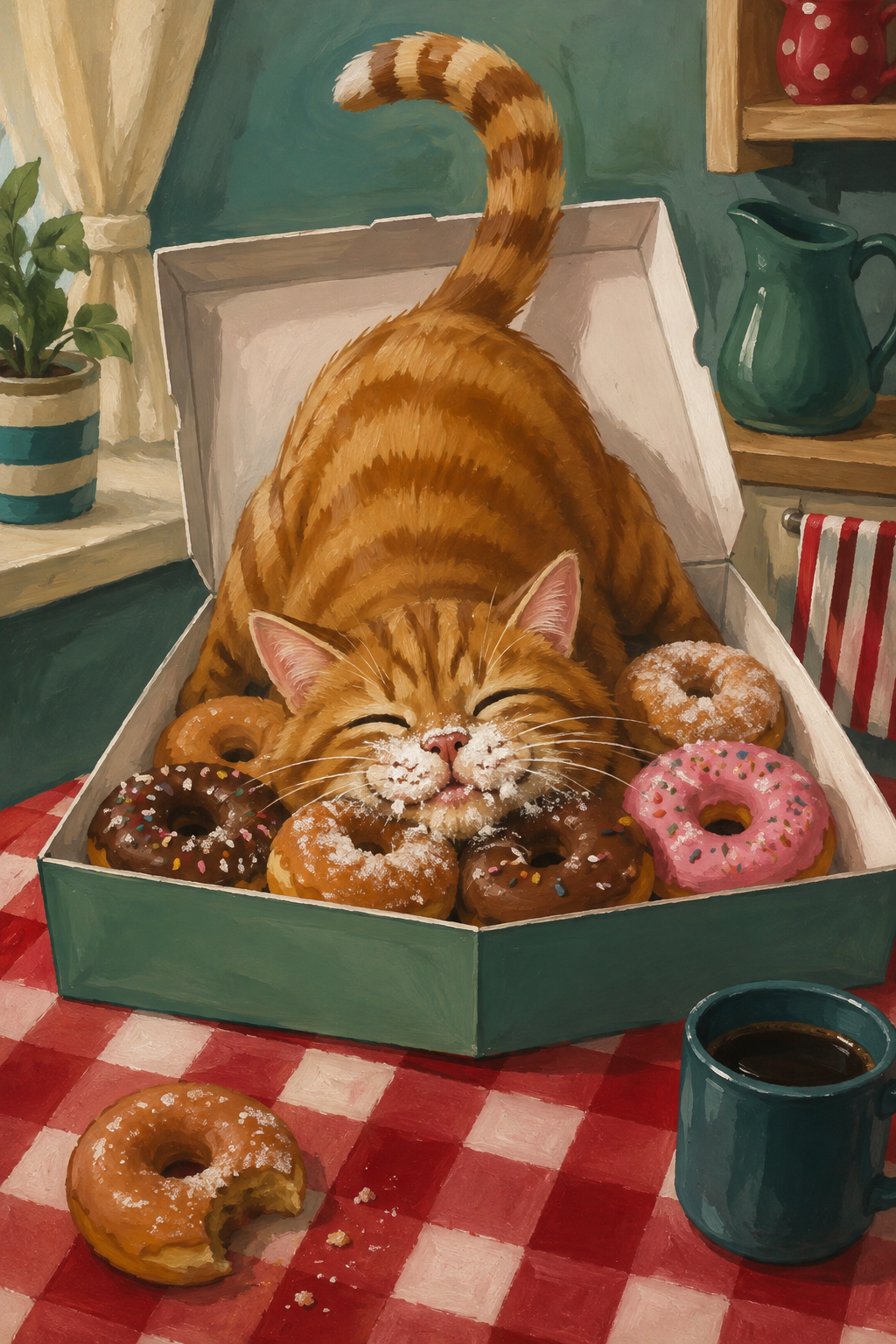 Orange cat in donut box kitchen poster