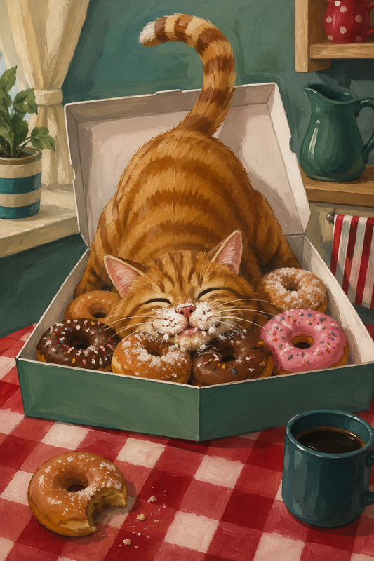 Orange cat in donut box kitchen poster