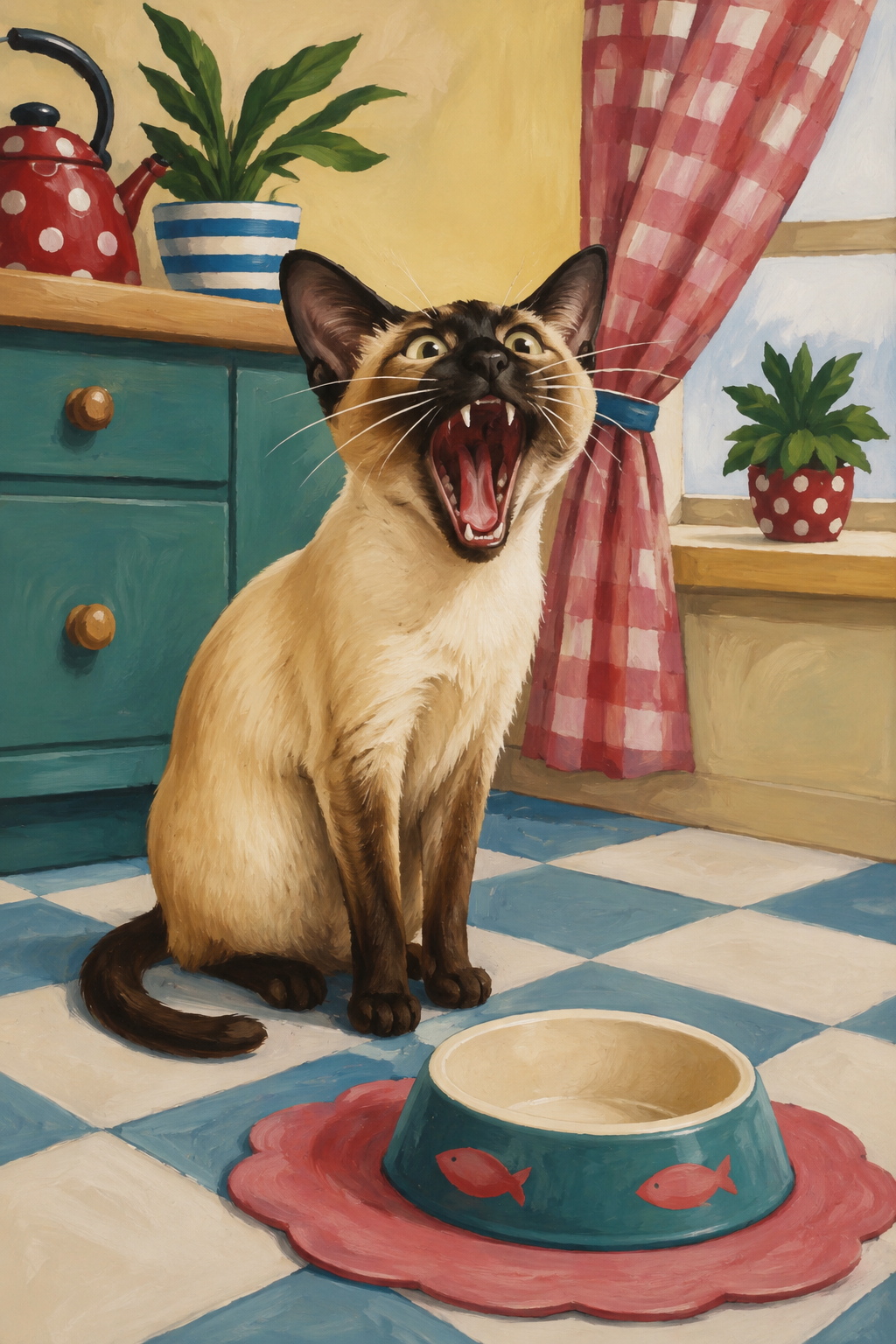 Siamese cat meowing at empty food bowl poster