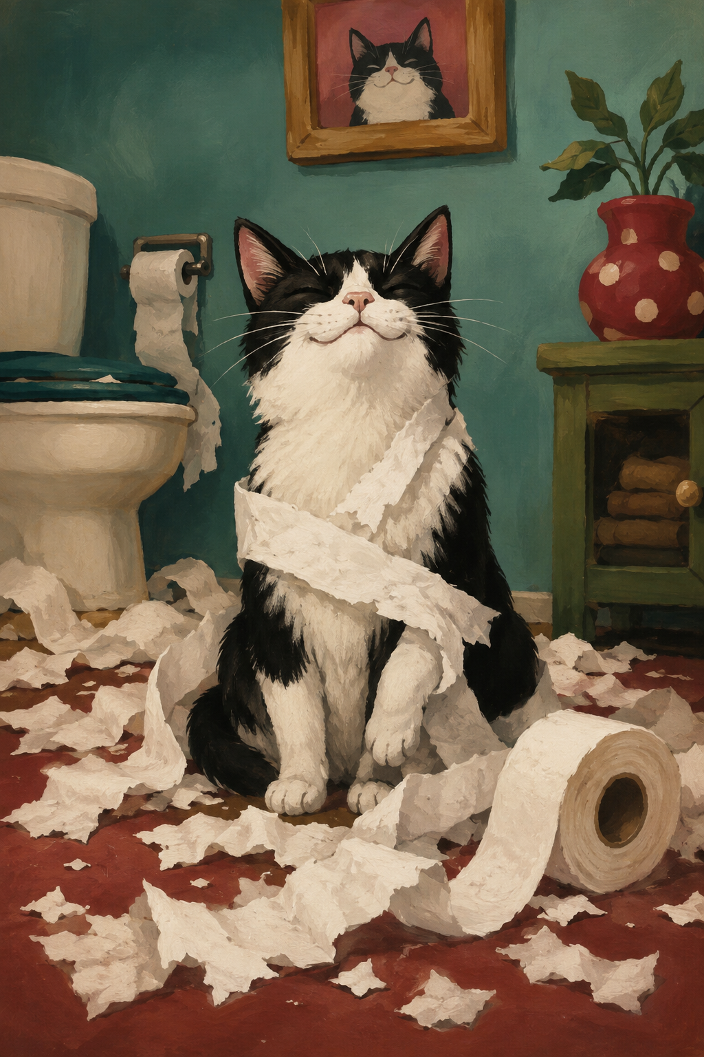 Tuxedo cat with toilet paper bathroom poster