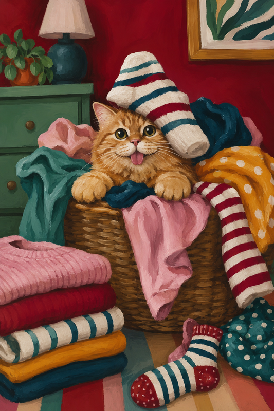 Orange kitten in laundry basket poster