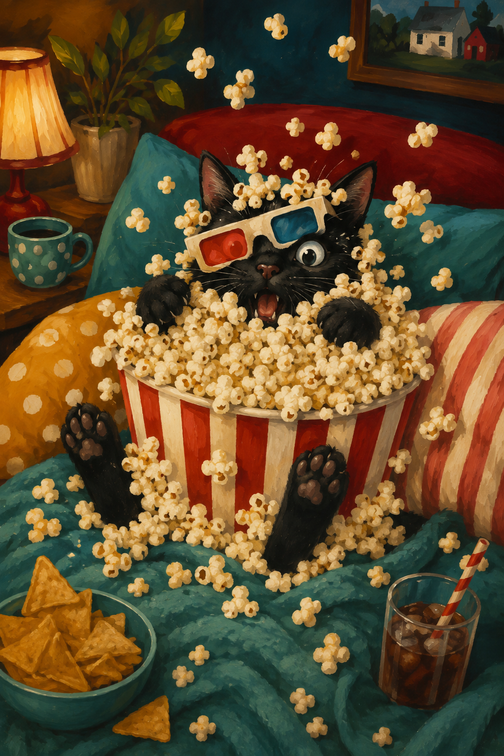 Black cat watching movie with popcorn poster