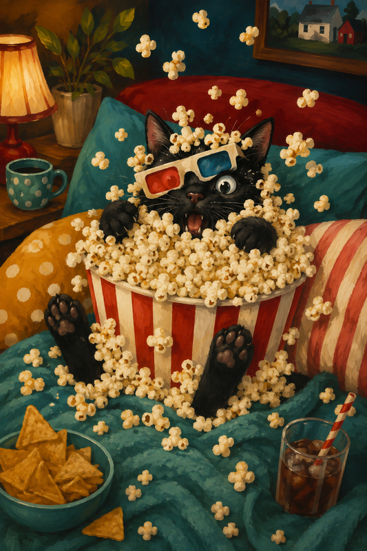 Black cat watching movie with popcorn poster