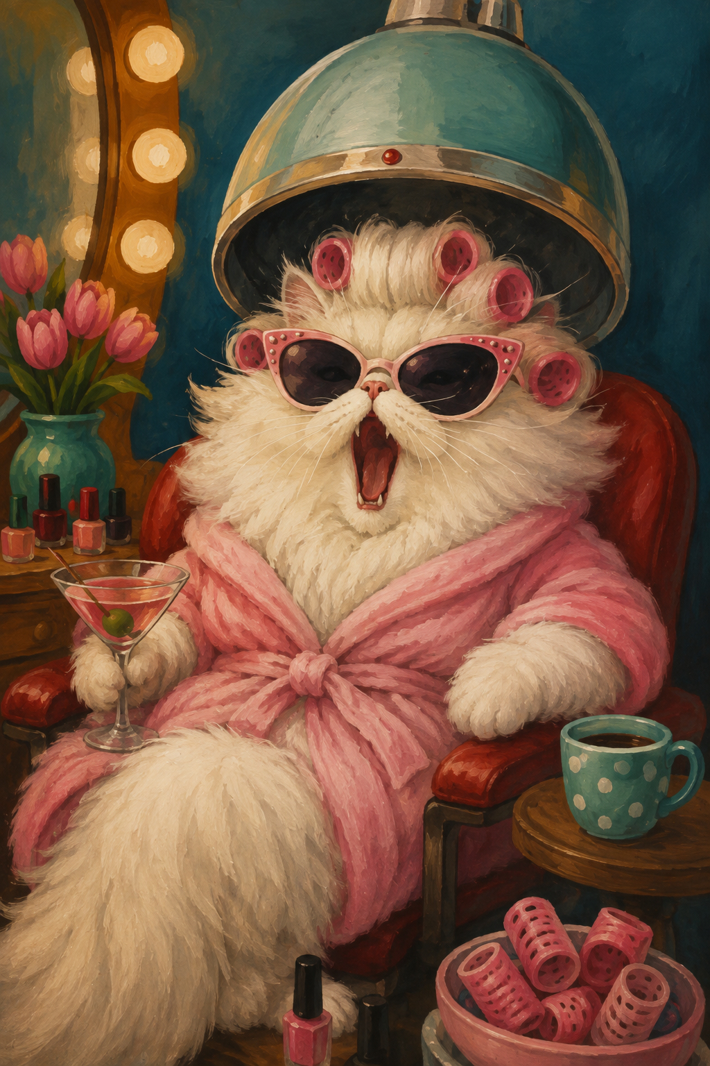 Fluffy cat under salon hair dryer poster