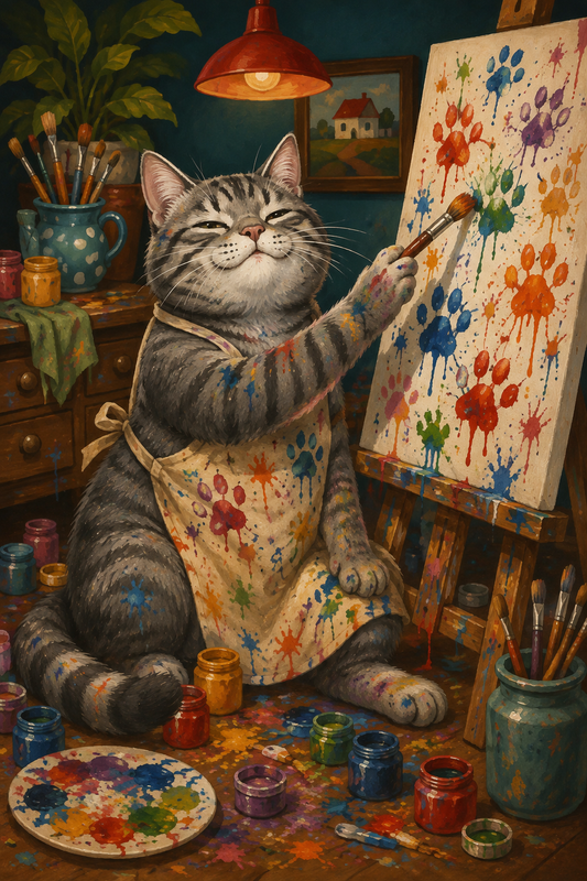 Artist cat painting colorful canvas poster