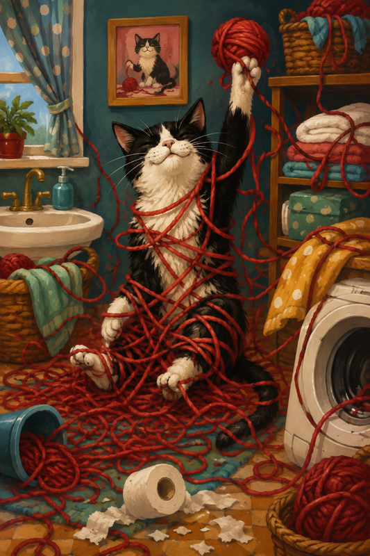 White cat tangled in yarn laundry room poster