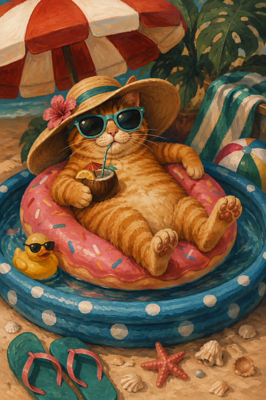 Orange cat relaxing on pool float beach poster