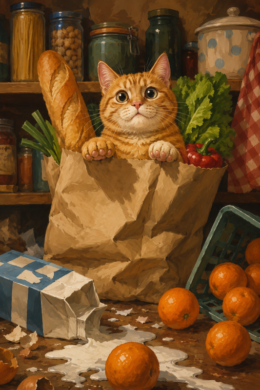 Orange cat inside grocery paper bag poster