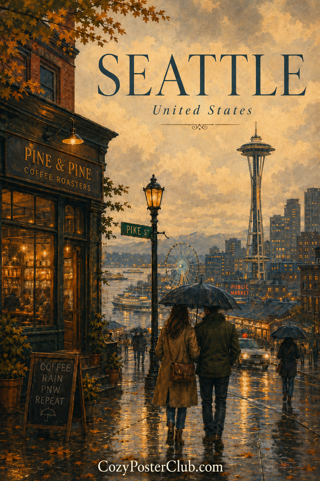 Vintage Seattle travel poster and city wall art