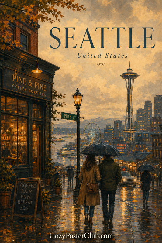 Vintage Seattle travel poster and city wall art