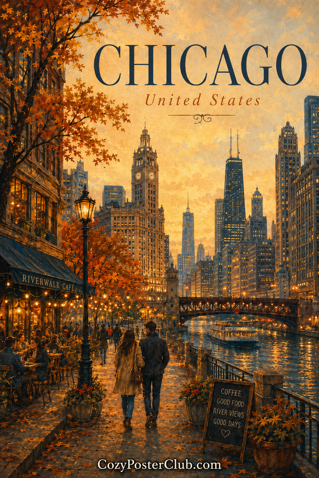 Vintage Chicago travel poster and city wall art