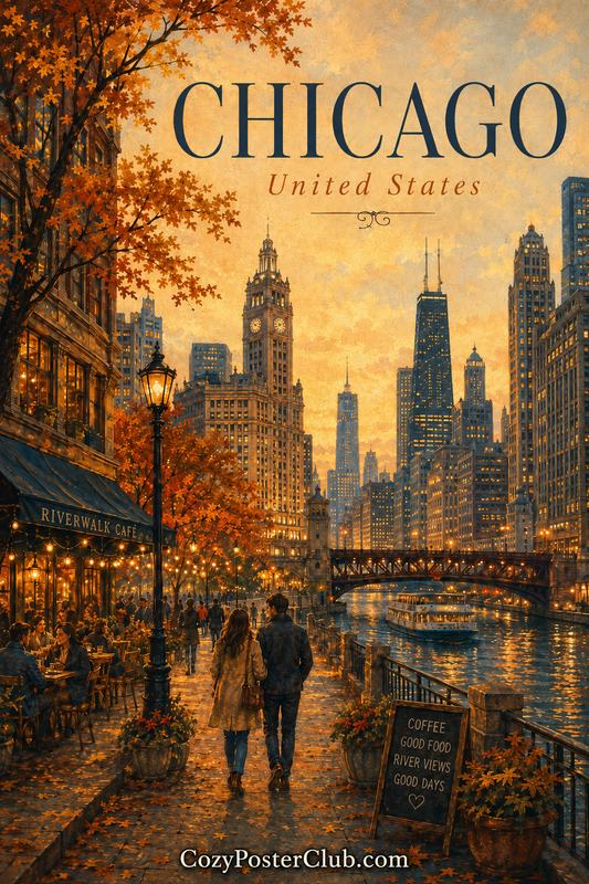 Vintage Chicago travel poster and city wall art