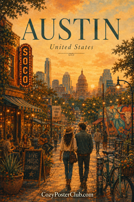 Vintage Austin travel poster and city wall art