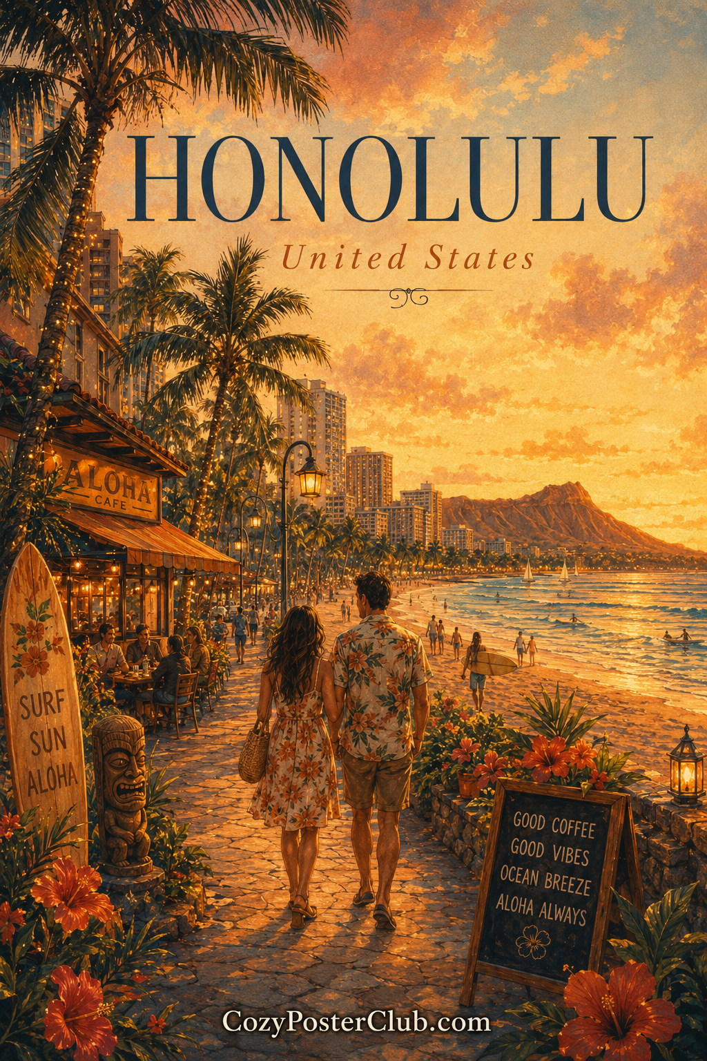 Vintage Honolulu travel poster and city wall art