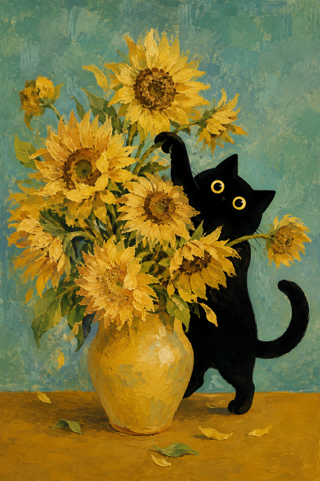 Black cat beside a vase of golden sunflowers vintage floral wall art poster
