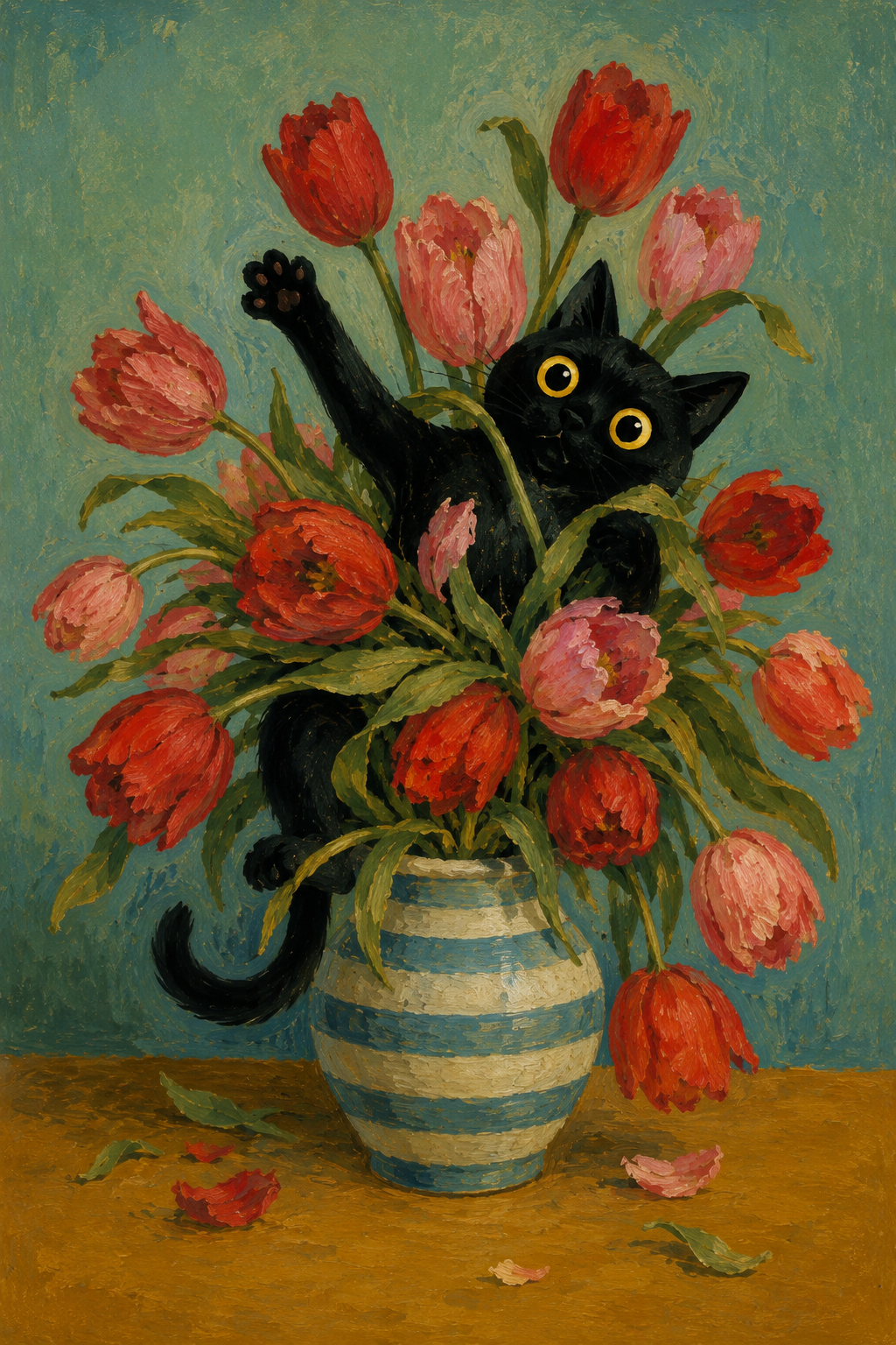Playful black cat with red and pink tulips vintage floral wall art poster