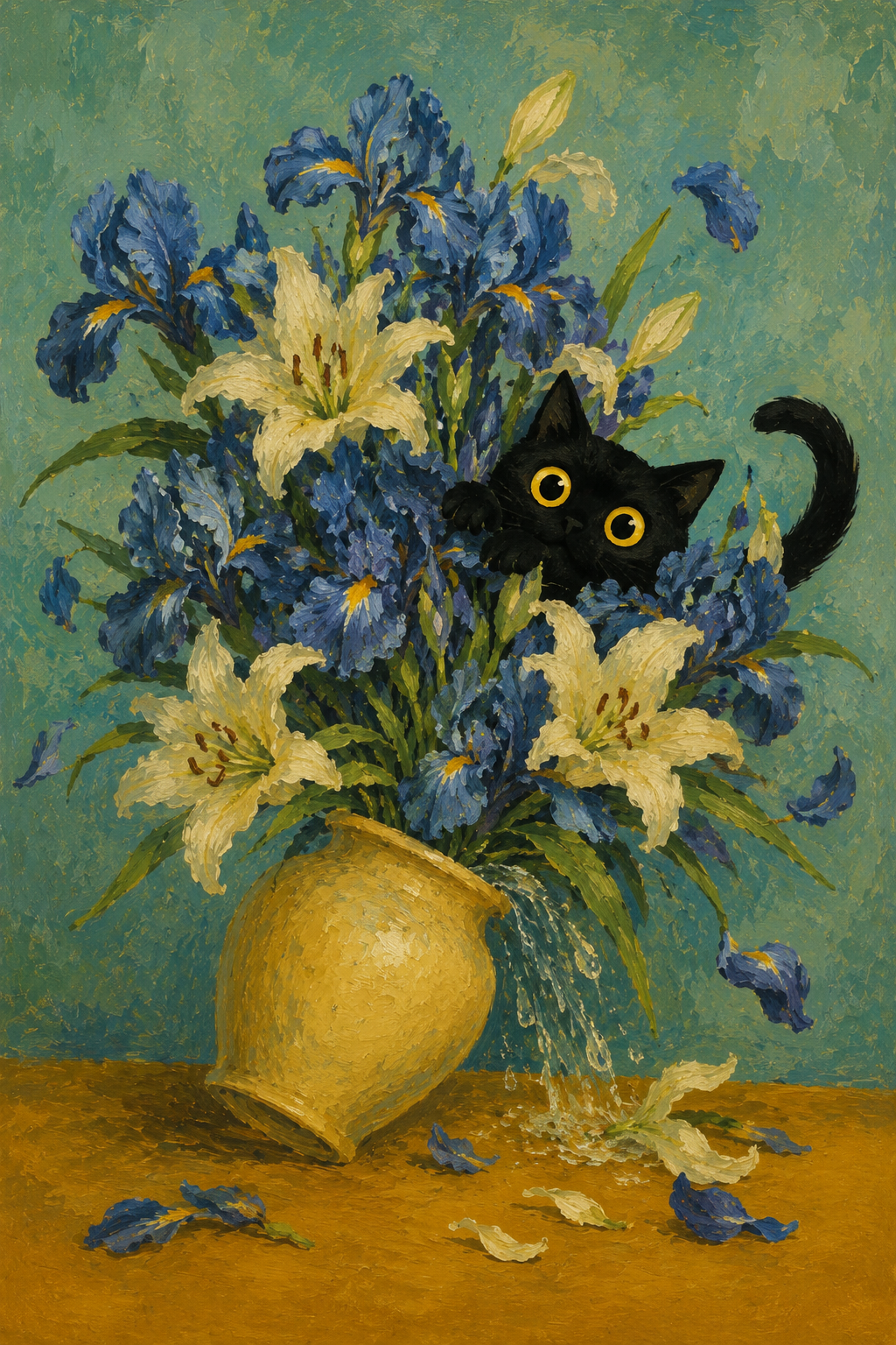 Black cat peeking through blue irises vintage botanical wall art poster