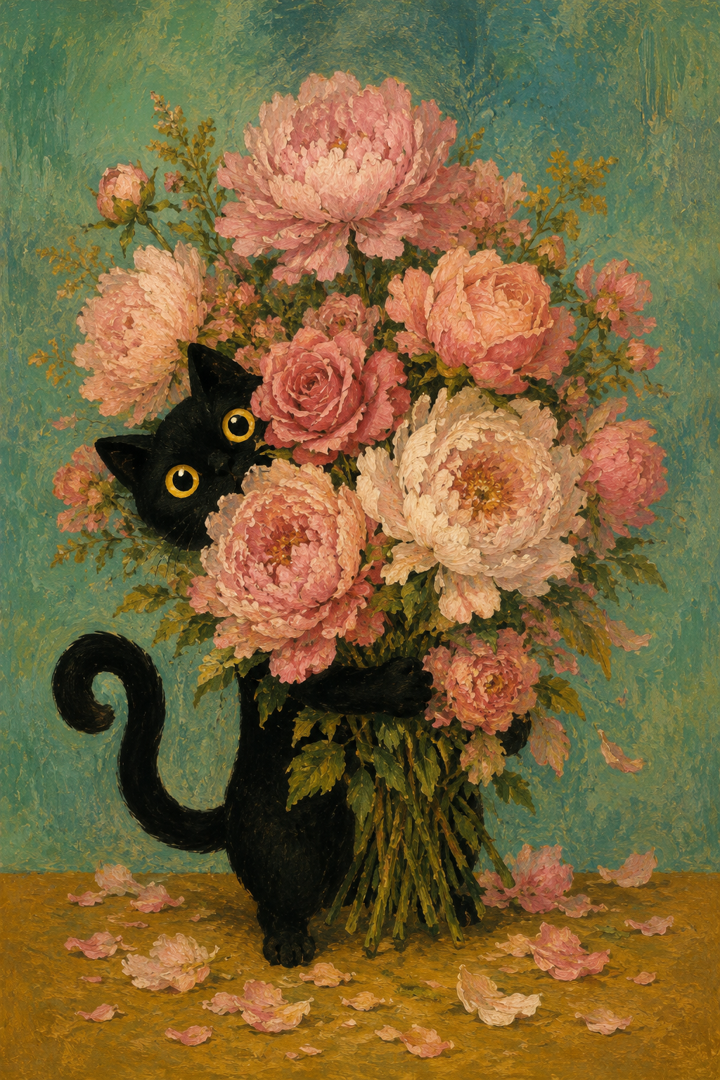Black cat carrying pink peonies vintage floral wall art poster