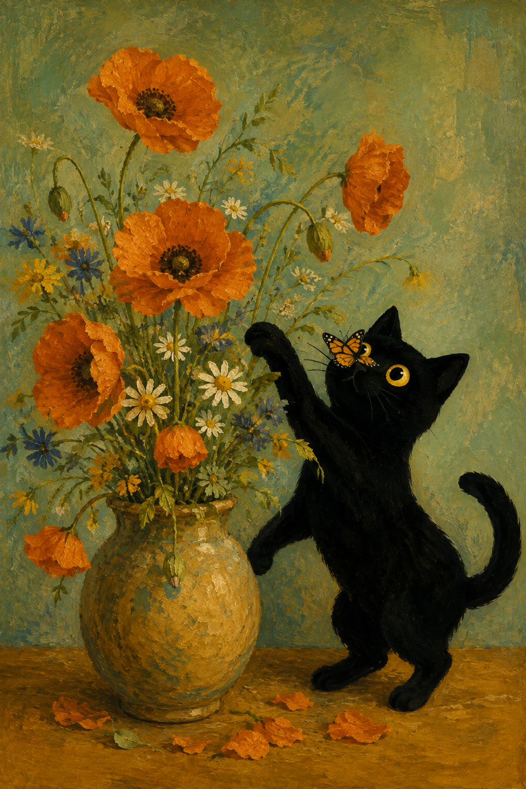 Curious black cat with orange poppies and wildflowers vintage wall art poster