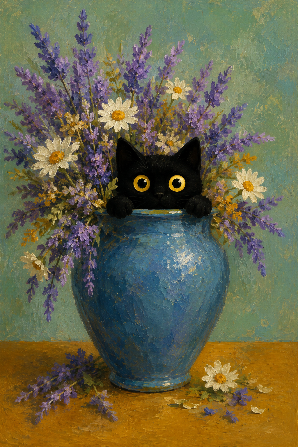 Black cat peeking from a blue vase of lavender and daisies whimsical wall art poster