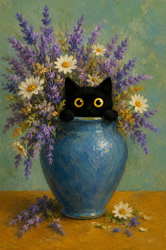 Black cat peeking from a blue vase of lavender and daisies whimsical wall art poster