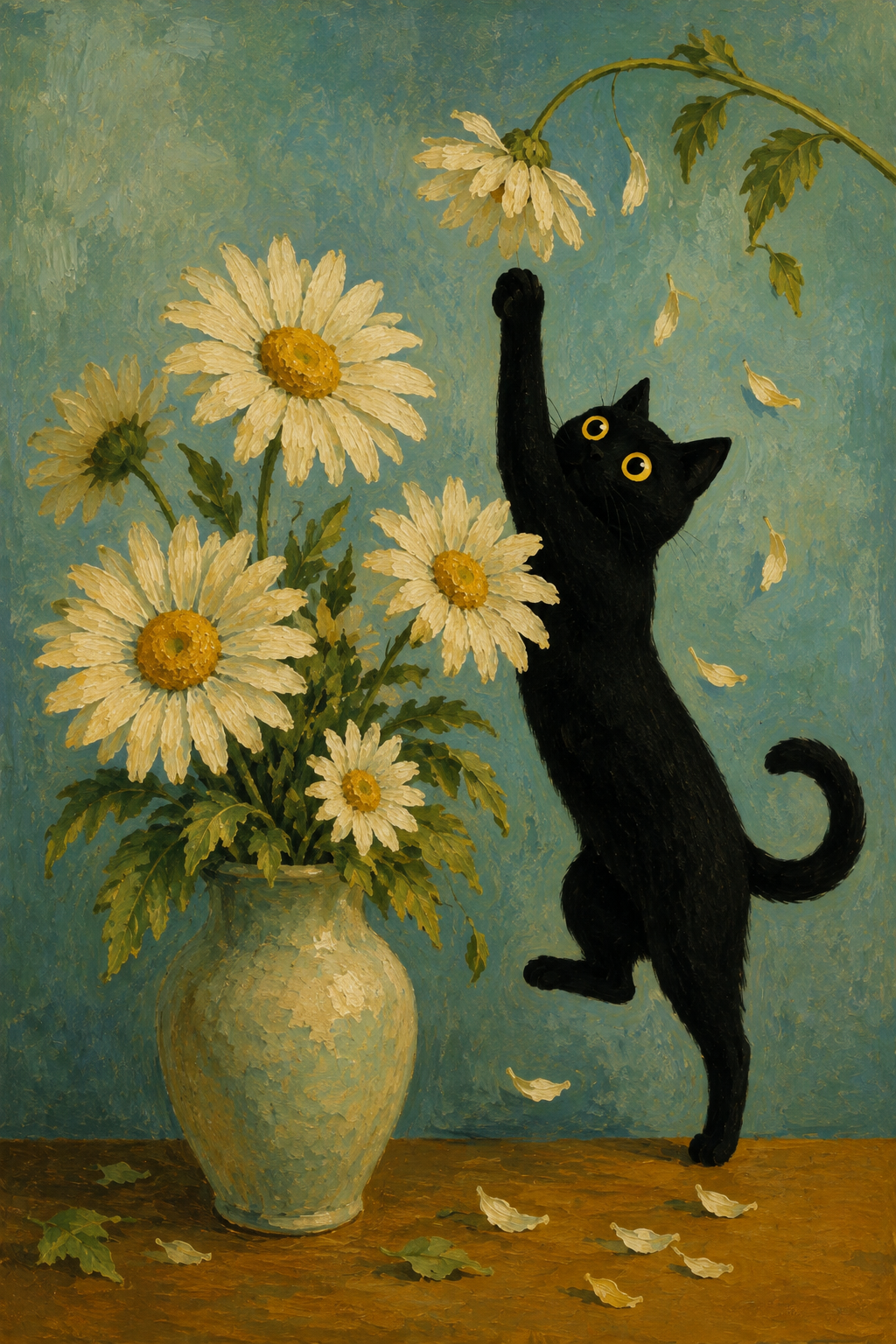 Playful black cat reaching for white daisies vintage floral wall art poster