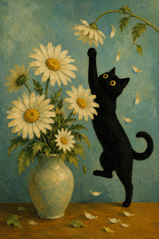 Playful black cat reaching for white daisies vintage floral wall art poster