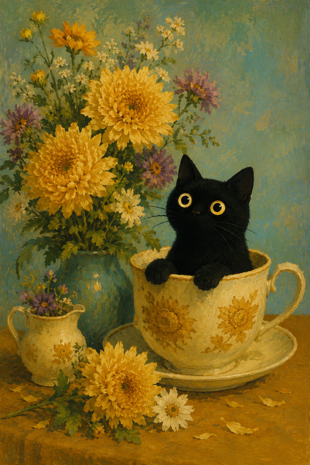 Black cat sitting in a teacup beside yellow flowers whimsical vintage wall art poster
