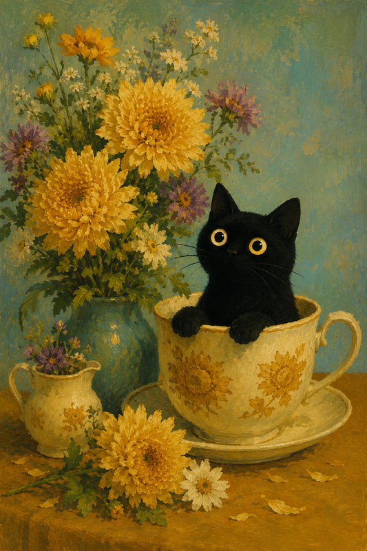 Black cat sitting in a teacup beside yellow flowers whimsical vintage wall art poster