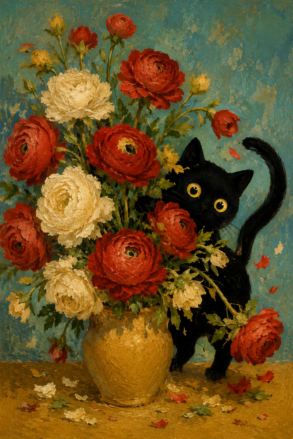 Black cat playing beside red and cream ranunculus vintage floral wall art poster