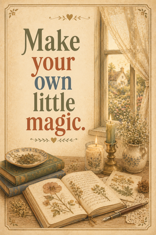Make Your Own Little Magic cottagecore wall art poster — pressed flowers, a candle, and an open journal at a cottage window
