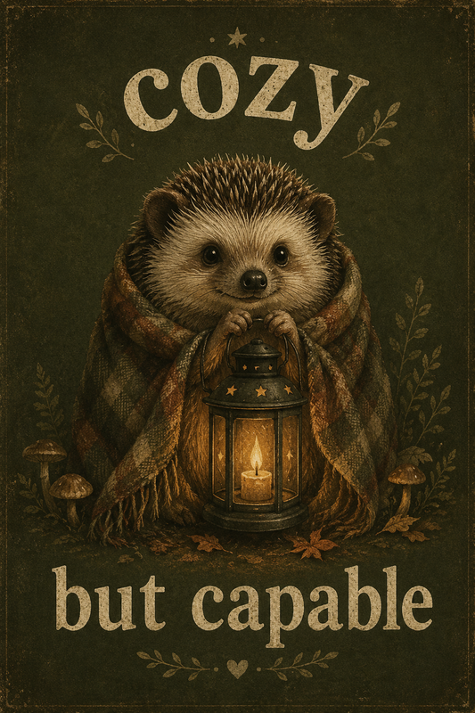 Cozy but capable hedgehog cottagecore wall art poster — vintage hedgehog wrapped in a plaid blanket holding a glowing lantern in the woods