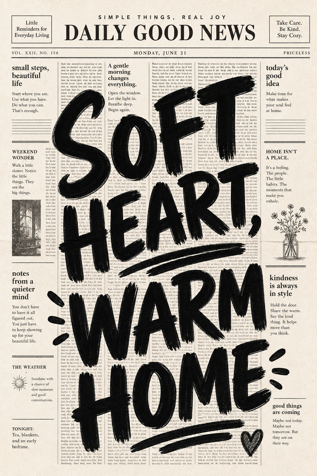 Soft Heart, Warm Home vintage newspaper wall art poster — bold black brush lettering on aged cream newsprint