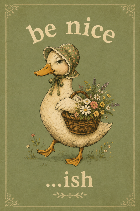 Be nice ish vintage duck funny cottagecore wall art poster — duck in a floral bonnet carrying a basket of wildflowers with a side-eye