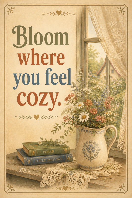 Bloom Where You Feel Cozy cottagecore wall art poster — wildflowers in a floral pitcher beside poetry books at a sunlit cottage window