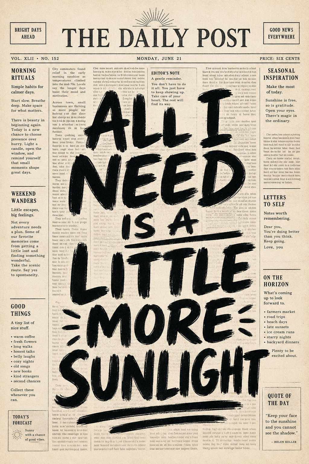 All I Need Is a Little More Sunlight vintage newspaper wall art poster — bold black brush lettering on aged cream newsprint