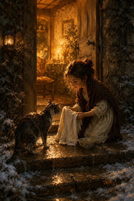Woman feeding a cat at a snowy cottage doorway