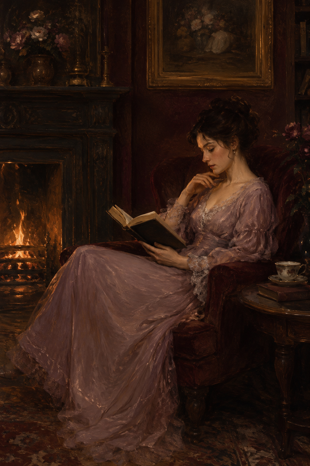 Woman reading beside a glowing fireplace, dark academia wall art
