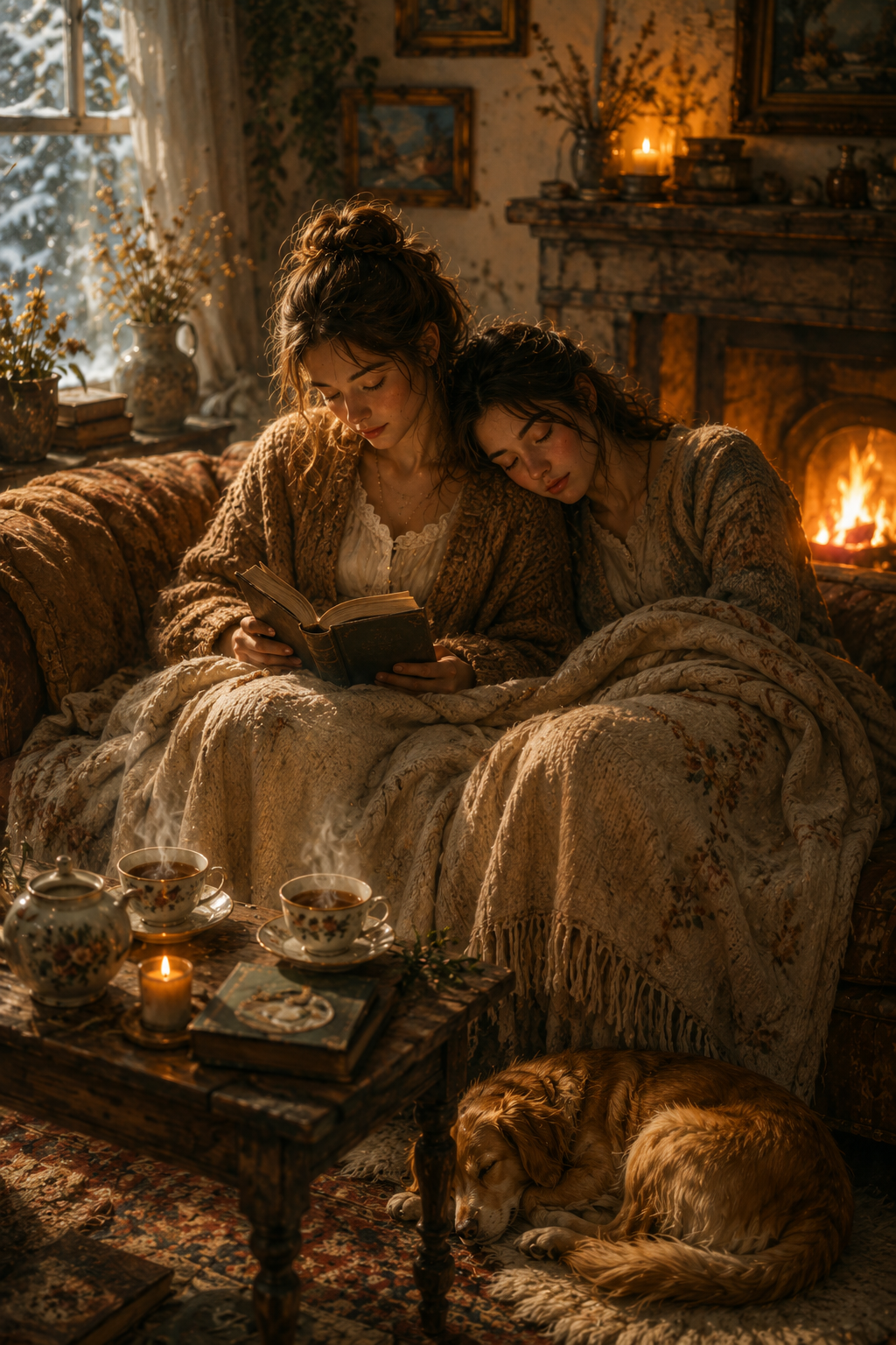 Mother and daughter reading together beside a warm cottage fireplace