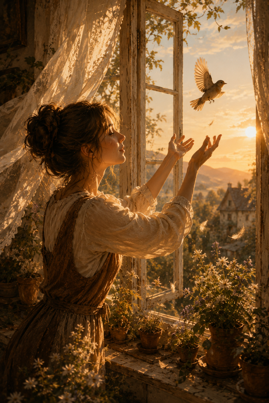 Woman releasing a bird from a cottage window at sunset, cottagecore wall art